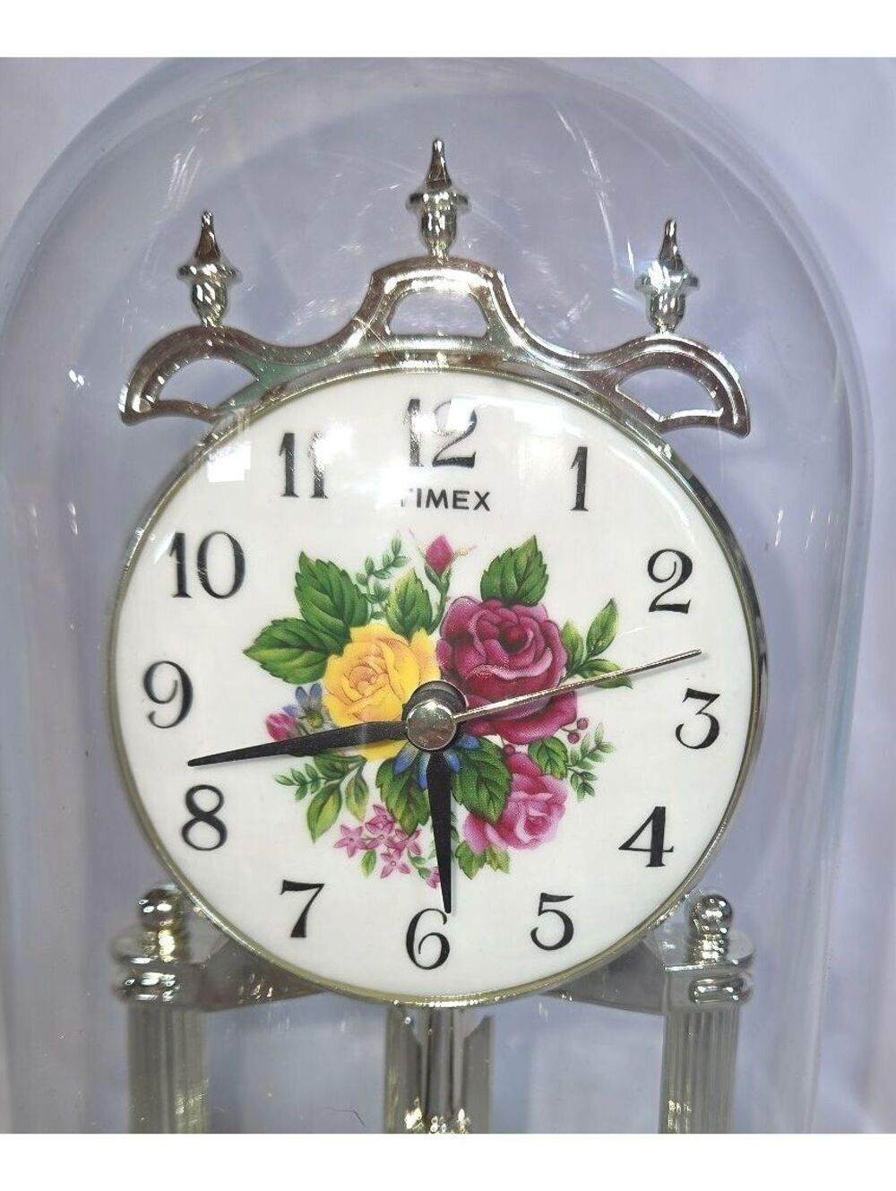 Royal Albert Old Country Roses Dome Anniversary Pendulum Timex Clock Gold WORKS!